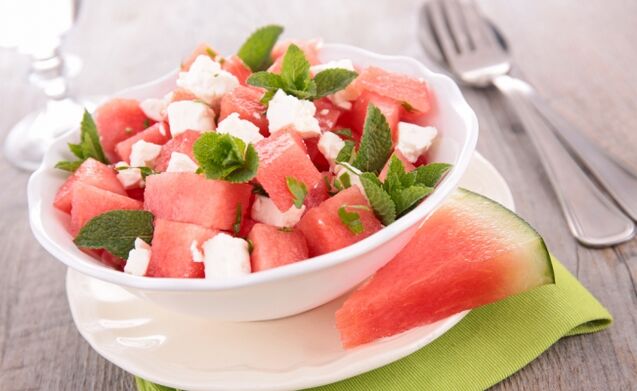 Watermelon salad with cheese and mint in the weekly watermelon diet diet